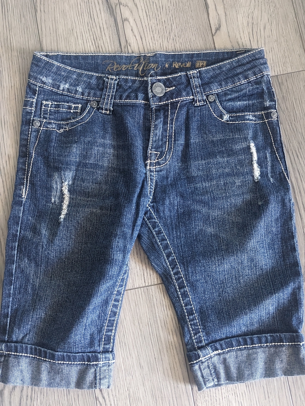 Revolution Women's Dark Blue Distressed Denim Bermuda Shorts 12